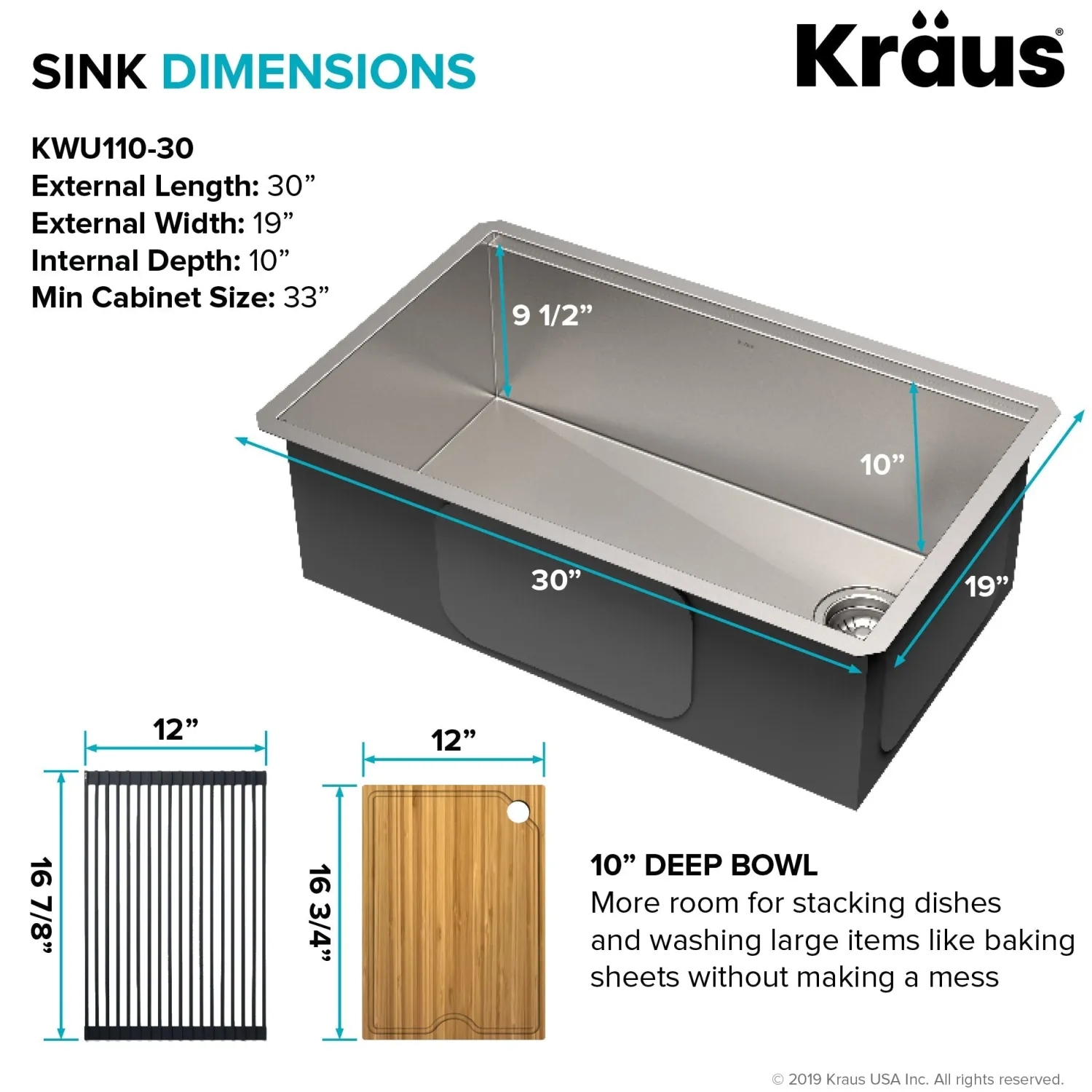 New Kore Workstation 30" Undermount 16 Gauge Single Bowl Stainless Steel Kitchen Sink with Accessories Workstation Sinks|Stainless Steel Sinks