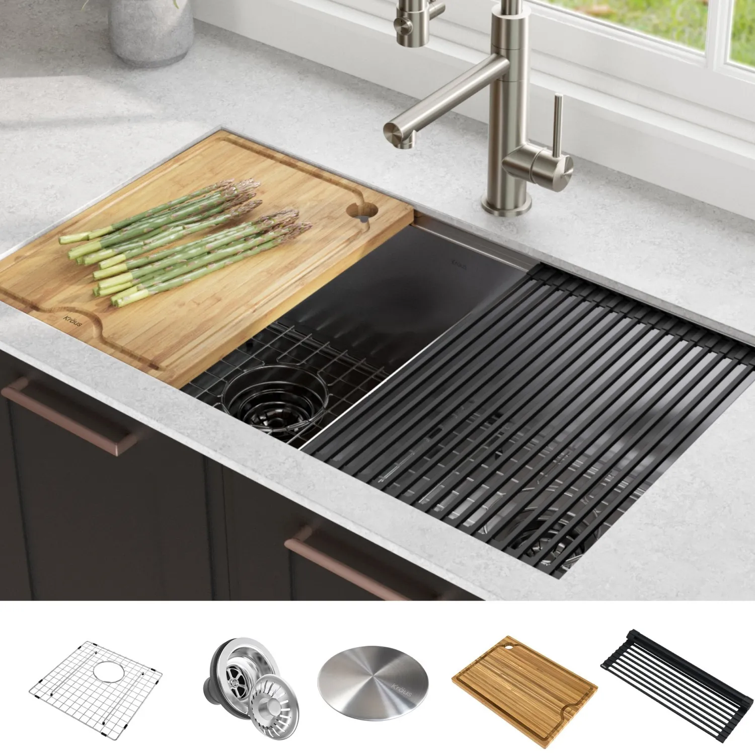 Discount Kore Workstation 33" Undermount 16 Gauge Double Bowl Stainless Steel Kitchen Sink with Accessories Workstation Sinks|Double Bowl Sinks