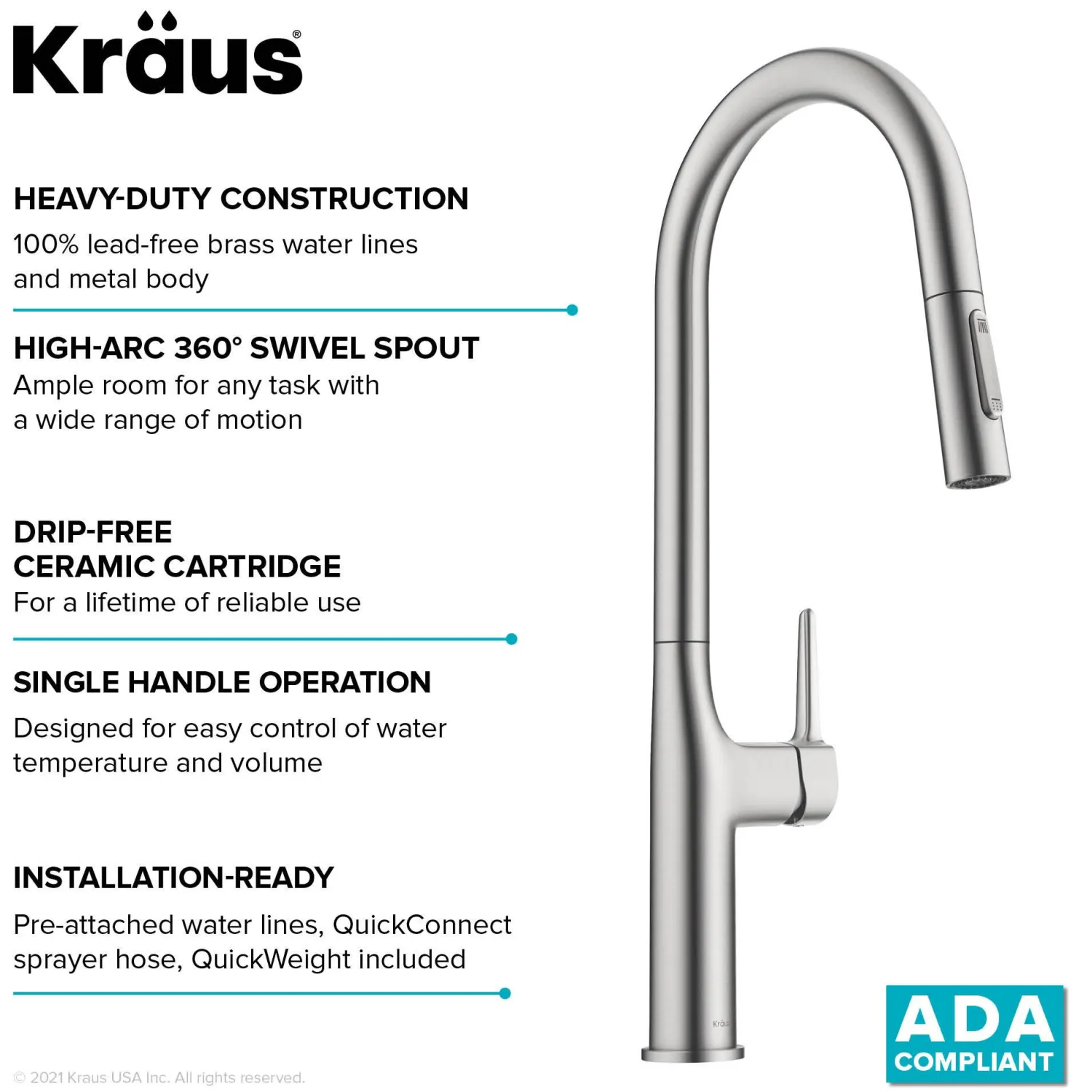Best New Oletto Modern Single Handle Pull Down Kitchen Faucet in Spot Free Stainless Steel Single Hole