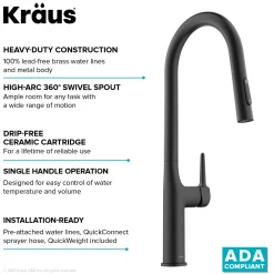 New Oletto Modern Single Handle Pull Down Kitchen Faucet in Matte Black Single Hole