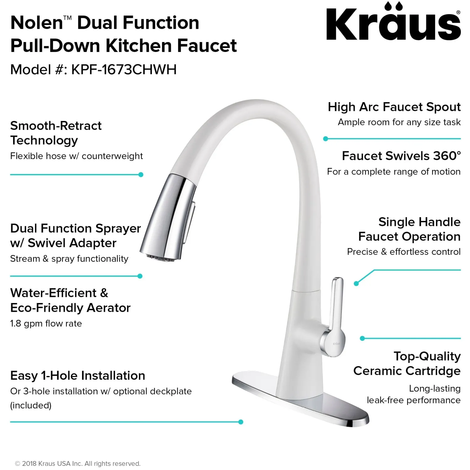 Nolen Dual Function Pull-Down Kitchen Faucet in Chrome/White Single Hole