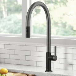 Sale Oletto High-Arc Matte Black & Black Stainless Steel Pull-Down Kitchen Faucet Single Hole