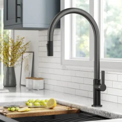 Sale Oletto High-Arc Matte Black & Black Stainless Steel Pull-Down Kitchen Faucet Single Hole