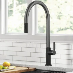 Sale Oletto High-Arc Matte Black & Black Stainless Steel Pull-Down Kitchen Faucet Single Hole