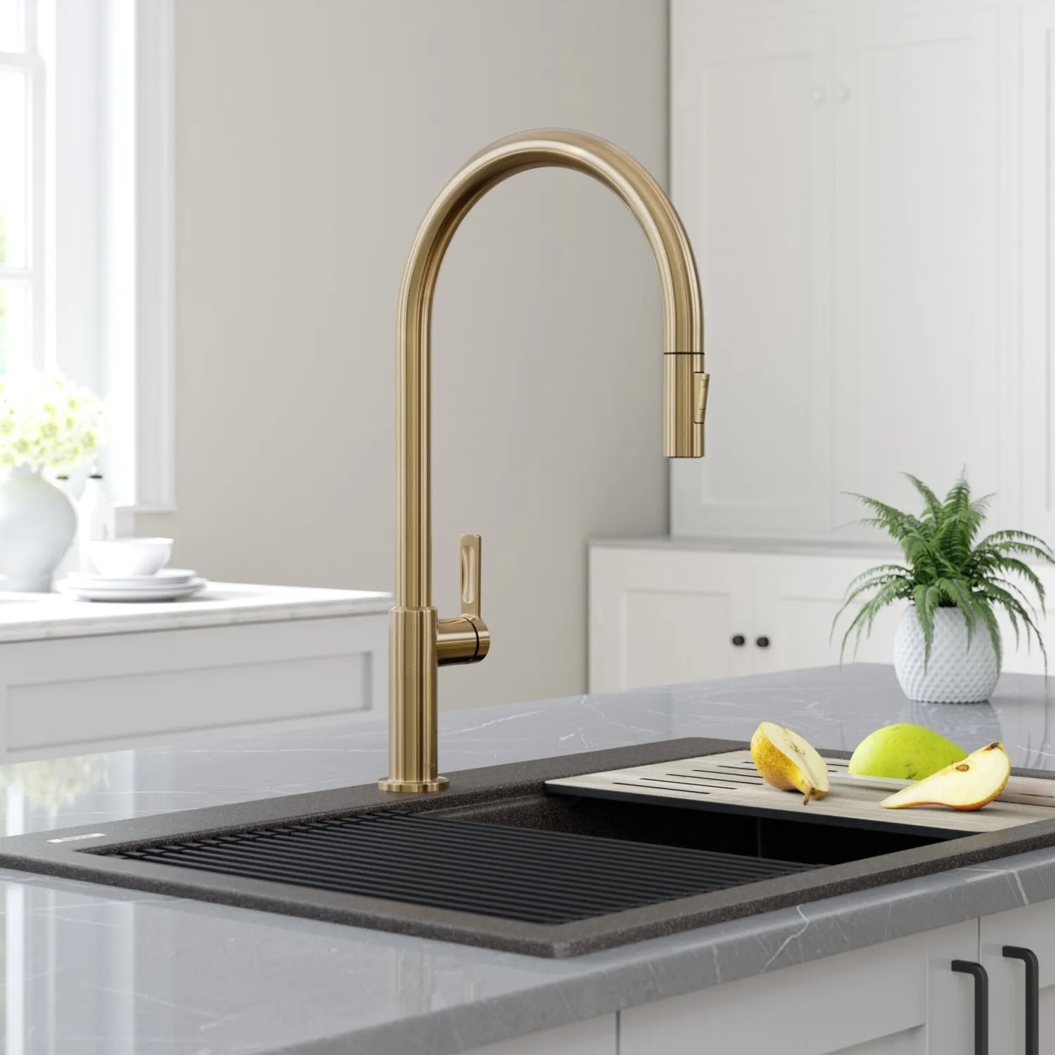 Online Oletto High-Arc Single Handle Pull-Down Kitchen Faucet in Spot Free Antique Champagne Bronze Single Hole