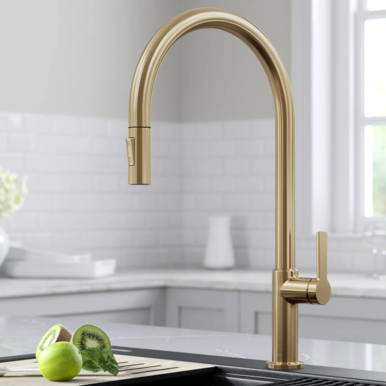 Online Oletto High-Arc Single Handle Pull-Down Kitchen Faucet in Spot Free Antique Champagne Bronze Single Hole