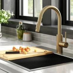 Discount Oletto Pull-Down Single Handle Kitchen Faucet in Spot Free Antique Champagne Bronze Single Hole|Bar Faucets