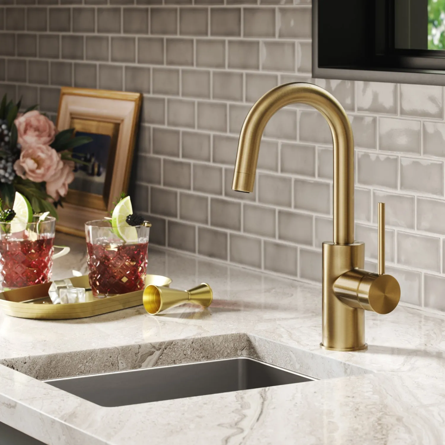New Oletto Single Handle Kitchen Bar Faucet in Spot Free Antique Champagne Bronze Single Hole|Bar Faucets