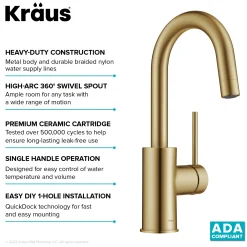 Clearance Oletto Single Handle Kitchen Bar Faucet in Brushed Brass Single Hole|Bar Faucets