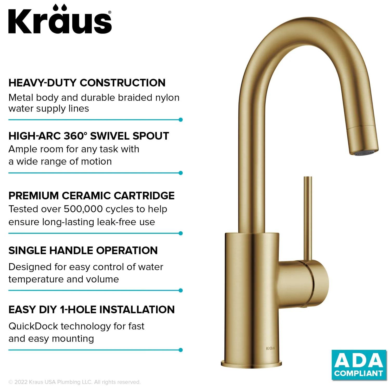 Clearance Oletto Single Handle Kitchen Bar Faucet in Brushed Brass Single Hole|Bar Faucets
