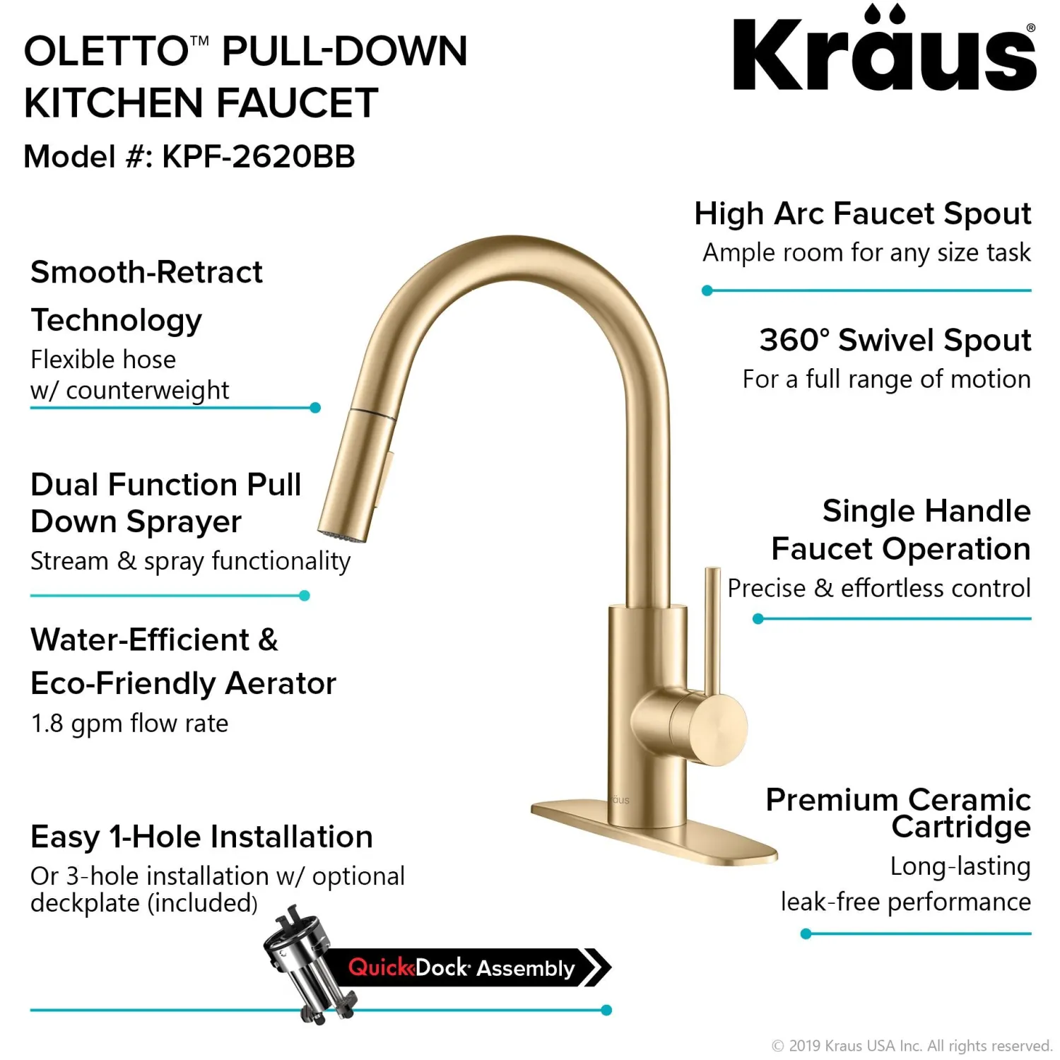 Discount Oletto Single Handle Pull Down Kitchen Faucet in Brushed Brass Single Hole