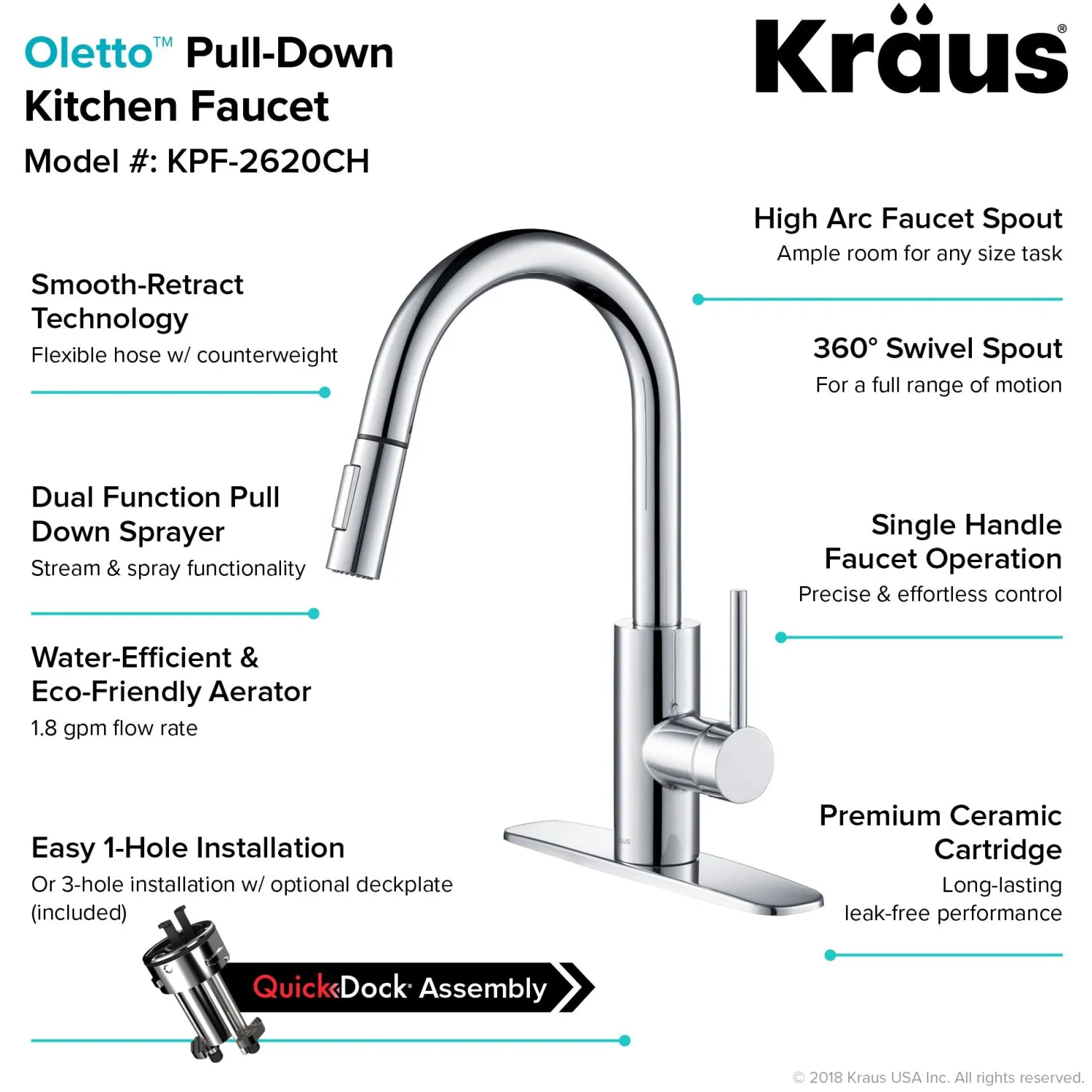 Online Oletto Single Lever Pull Down Kitchen Faucet in Chrome Single Hole