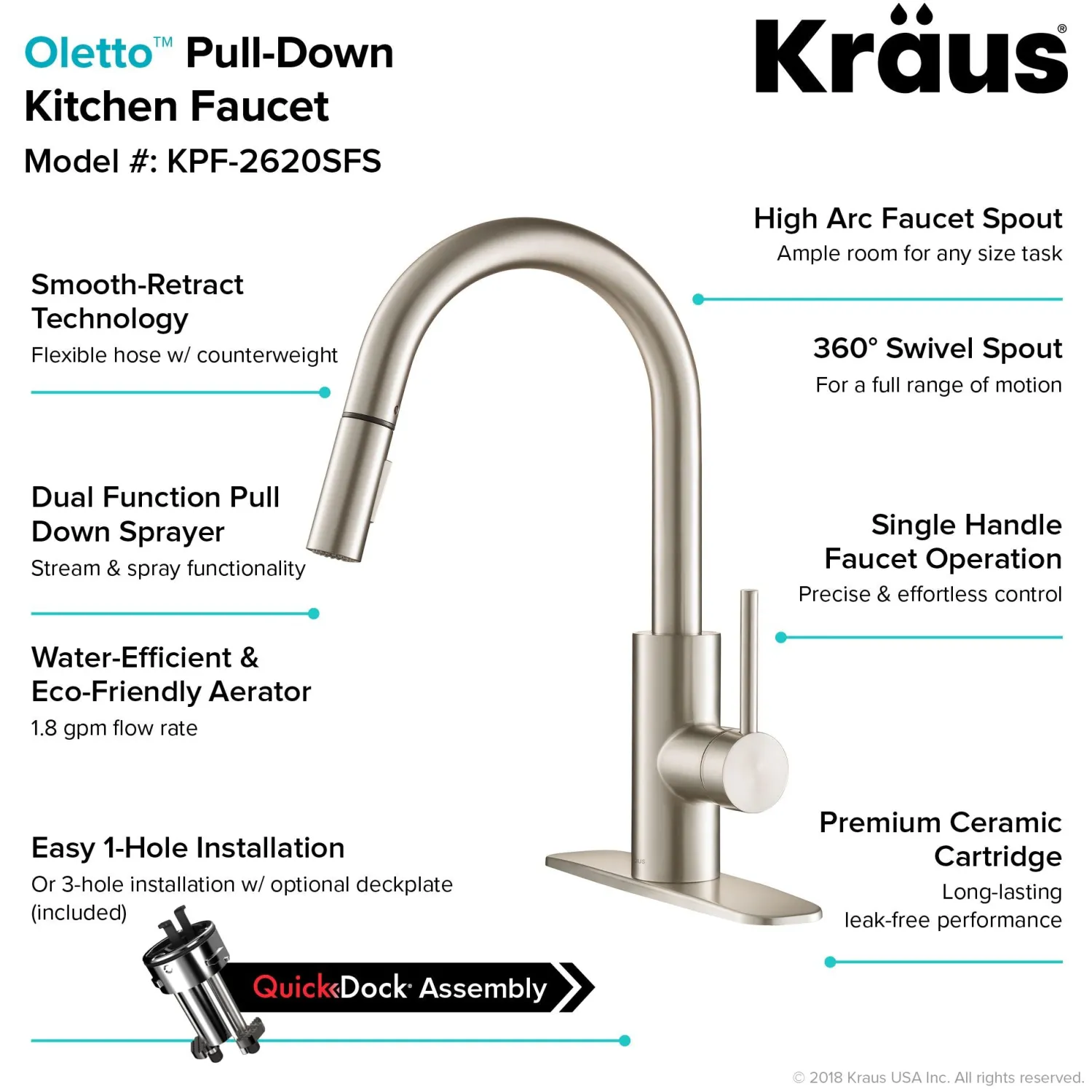 New Oletto Single Lever Pull Down Kitchen Faucet in Spot Free all-Brite Stainless Steel Single Hole