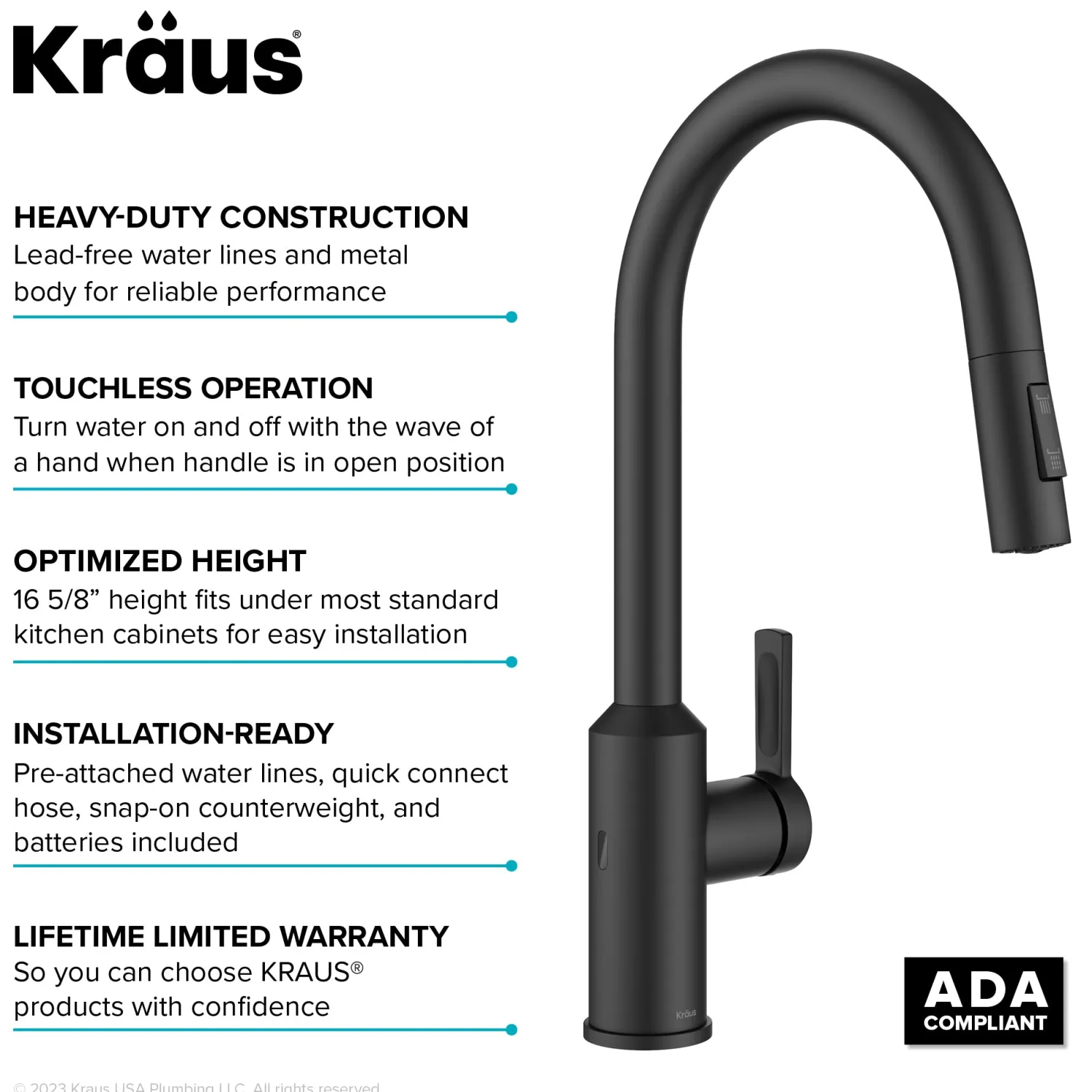 Clearance Oletto Touchless Pull-Down Kitchen Faucet in Matte Black Touchless, Sensor And Tap Activated Kitchen Faucets|Single Hole