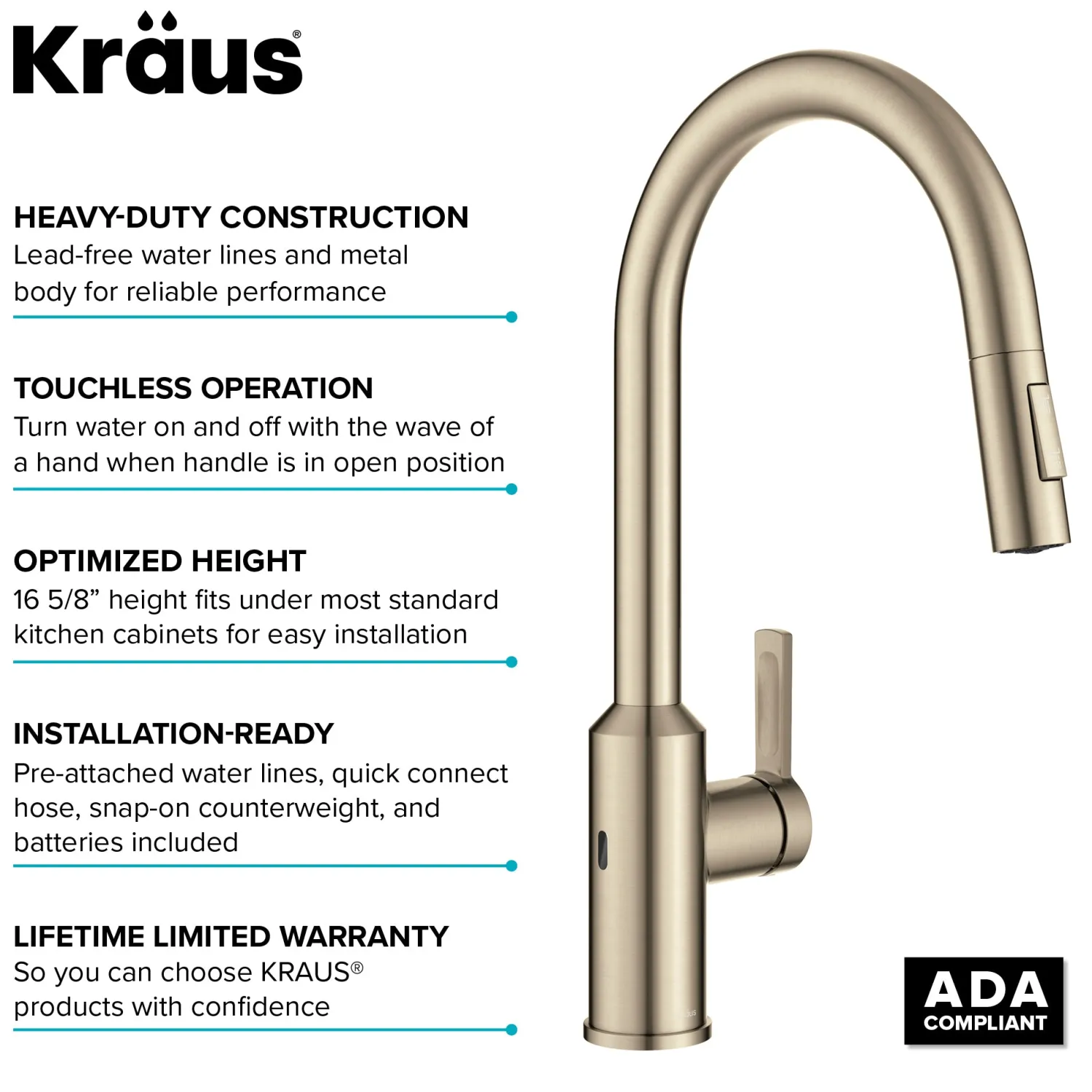 Oletto Touchless Pull-Down Kitchen Faucet in Spot-Free Antique Champagne Bronze Touchless, Sensor And Tap Activated Kitchen Faucets|Single Hole