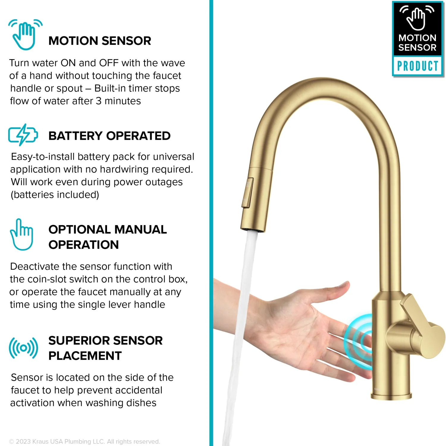 New Oletto Touchless Pull-Down Kitchen Faucet in Brushed Brass Touchless, Sensor And Tap Activated Kitchen Faucets|Single Hole