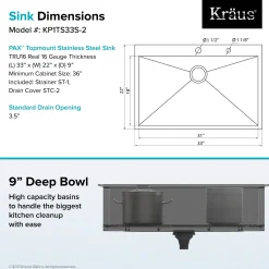 Hot Pax Zero-Radius 33" Handmade Topmount Single Bowl 16 Gauge Stainless Steel Drop-In Kitchen Sink with 2 Pre-Drilled Holes Drop-In / Top Mount Sinks|Stainless Steel Sinks