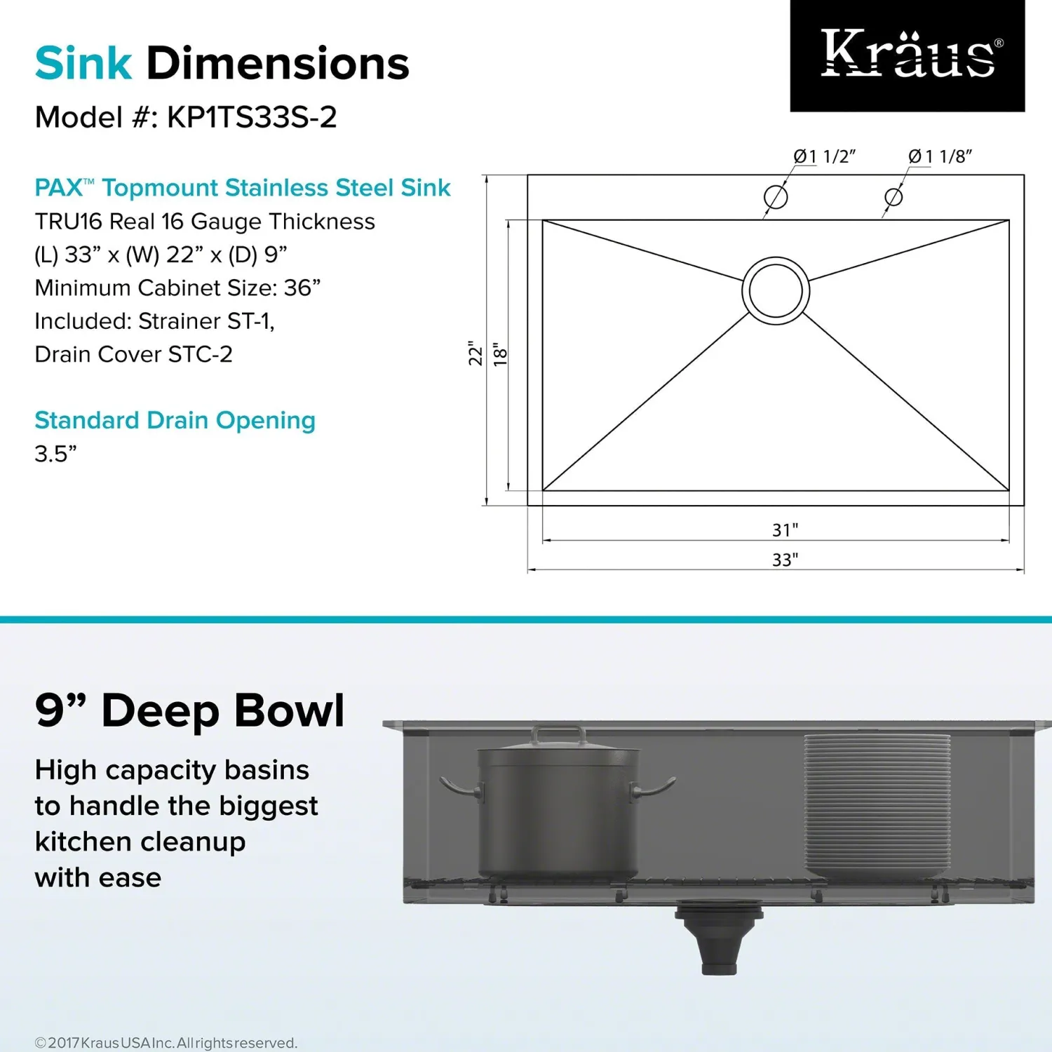 Hot Pax Zero-Radius 33" Handmade Topmount Single Bowl 16 Gauge Stainless Steel Drop-In Kitchen Sink with 2 Pre-Drilled Holes Drop-In / Top Mount Sinks|Stainless Steel Sinks