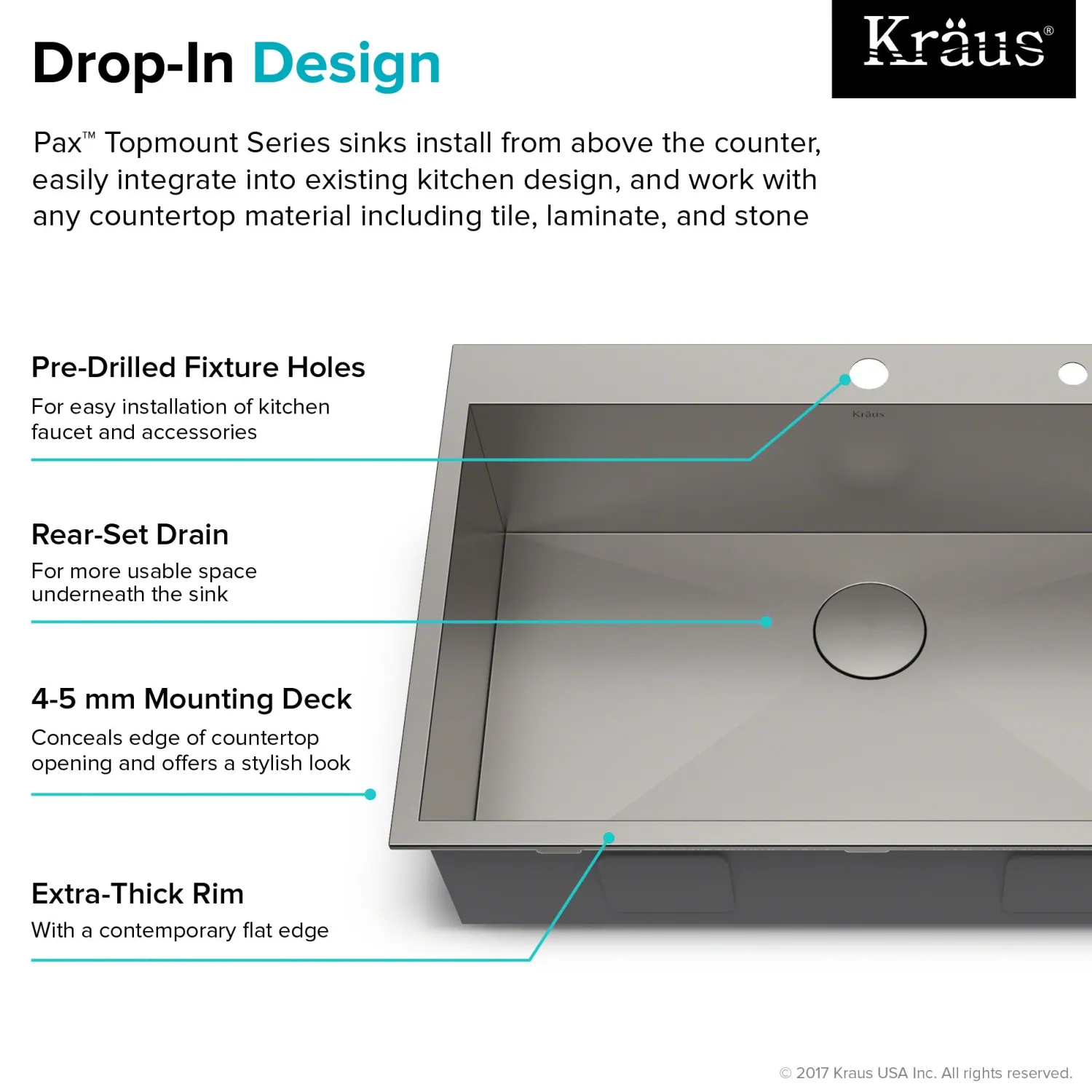 Hot Pax Zero-Radius 33" Handmade Topmount Single Bowl 16 Gauge Stainless Steel Drop-In Kitchen Sink with 2 Pre-Drilled Holes Drop-In / Top Mount Sinks|Stainless Steel Sinks