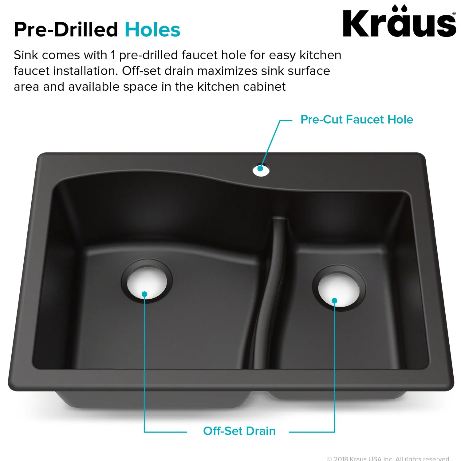 Quarza 33" Black Dual Mount 60/40 Double Bowl Granite Kitchen Sink Drop-In / Top Mount Sinks|Double Bowl Sinks