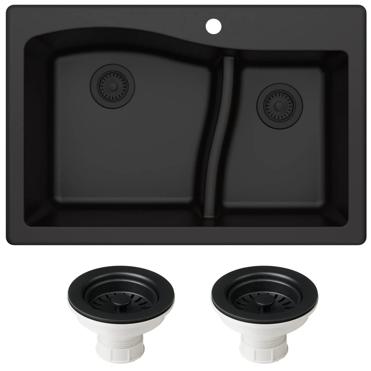 Quarza 33" Black Dual Mount 60/40 Double Bowl Granite Kitchen Sink Drop-In / Top Mount Sinks|Double Bowl Sinks