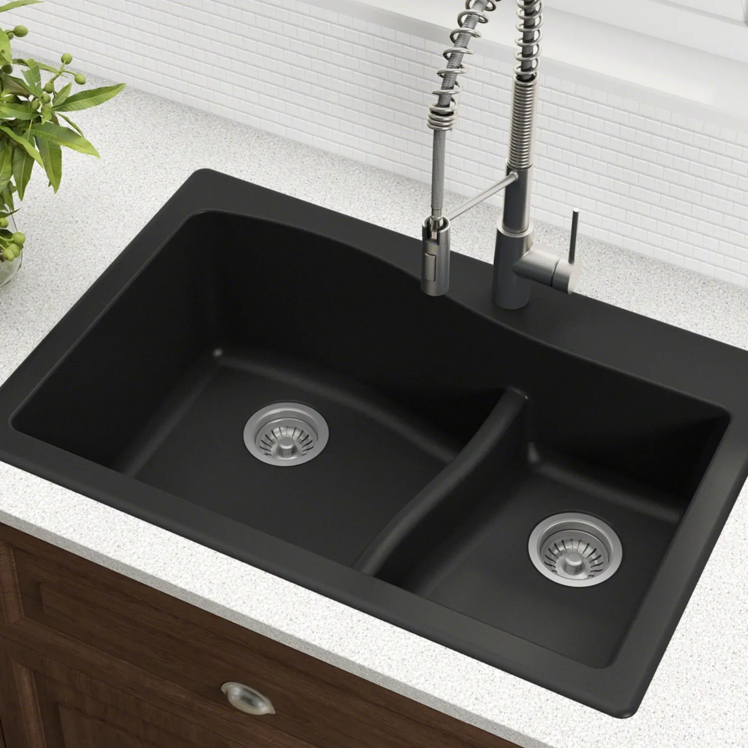 Quarza 33" Black Dual Mount 60/40 Double Bowl Granite Kitchen Sink Drop-In / Top Mount Sinks|Double Bowl Sinks