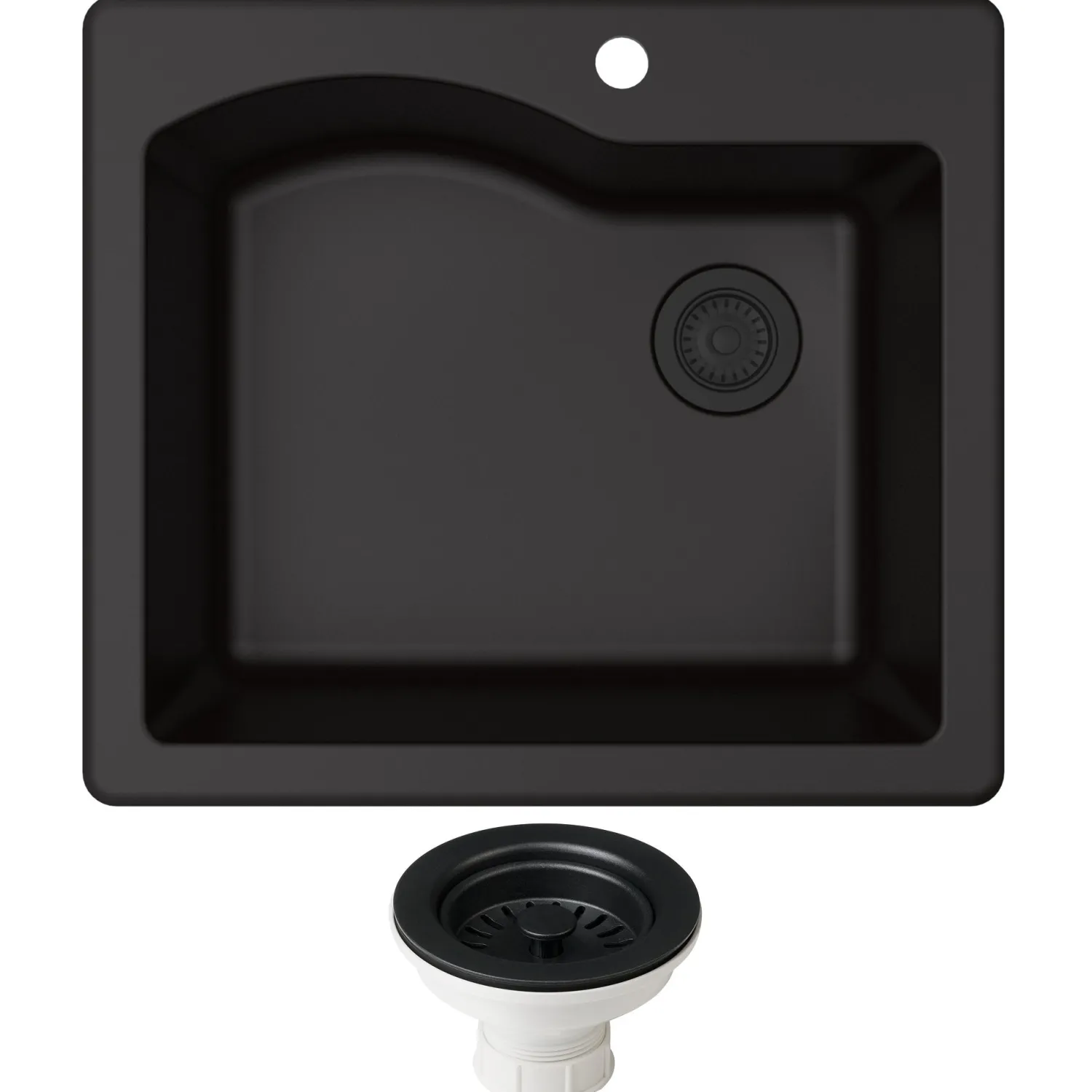 Clearance Quarza 25" Dual Mount Composite Kitchen Sink and Strainer in Black Drop-In / Top Mount Sinks|Single Bowl Sinks