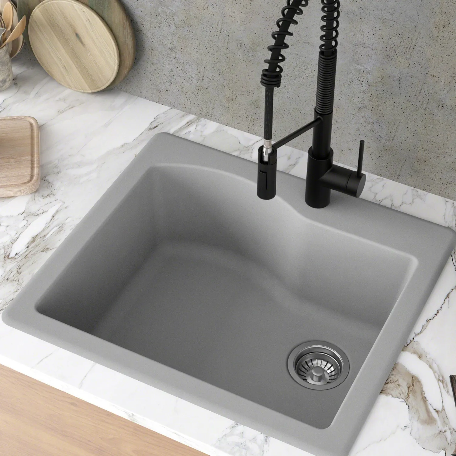 Sale Quarza 25" Dual Mount Single Bowl Granite Kitchen Sink in Grey Drop-In / Top Mount Sinks|Single Bowl Sinks