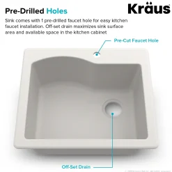 Clearance Quarza 25" Dual Mount Single Bowl Granite Kitchen Sink in White Drop-In / Top Mount Sinks|Single Bowl Sinks