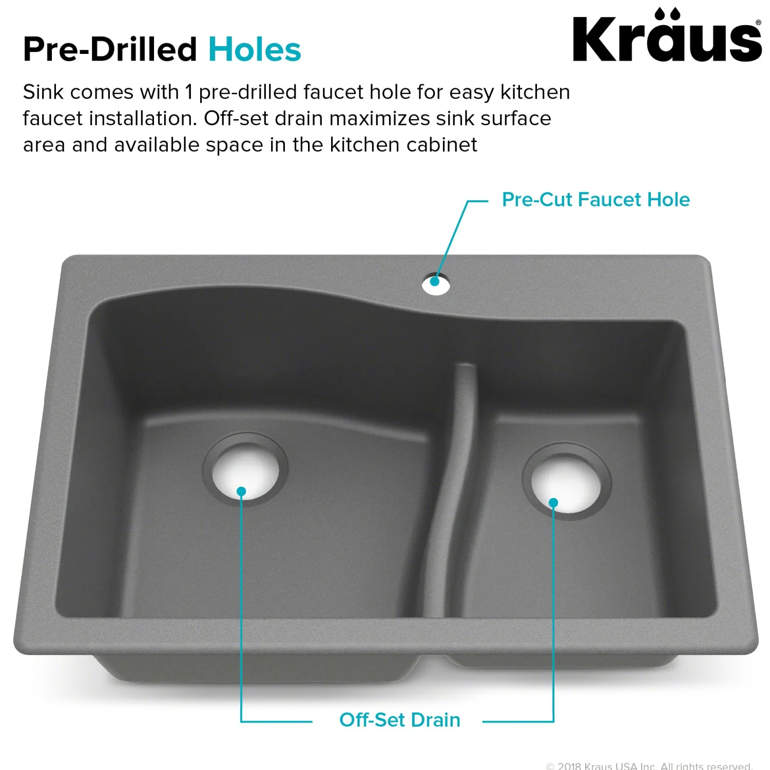 Best Quarza 33" Grey Dual Mount 60/40 Double Bowl Granite Kitchen Sink Drop-In / Top Mount Sinks|Double Bowl Sinks