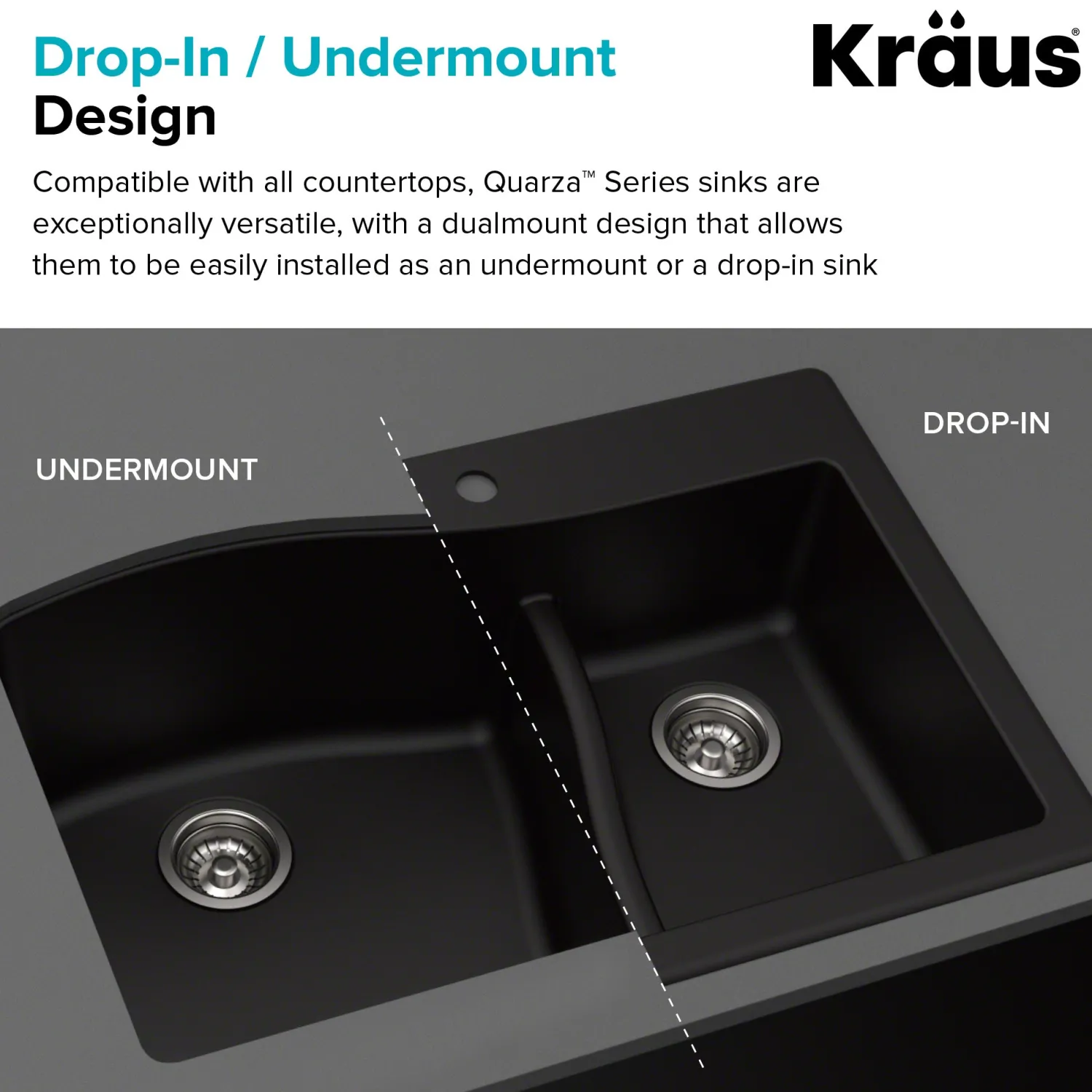 Best Quarza 33" Grey Dual Mount 60/40 Double Bowl Granite Kitchen Sink Drop-In / Top Mount Sinks|Double Bowl Sinks