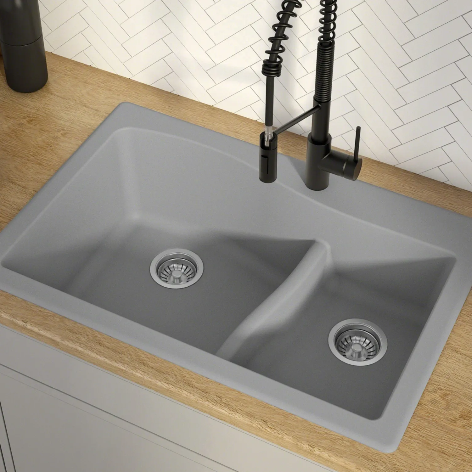 Best Quarza 33" Grey Dual Mount 60/40 Double Bowl Granite Kitchen Sink Drop-In / Top Mount Sinks|Double Bowl Sinks