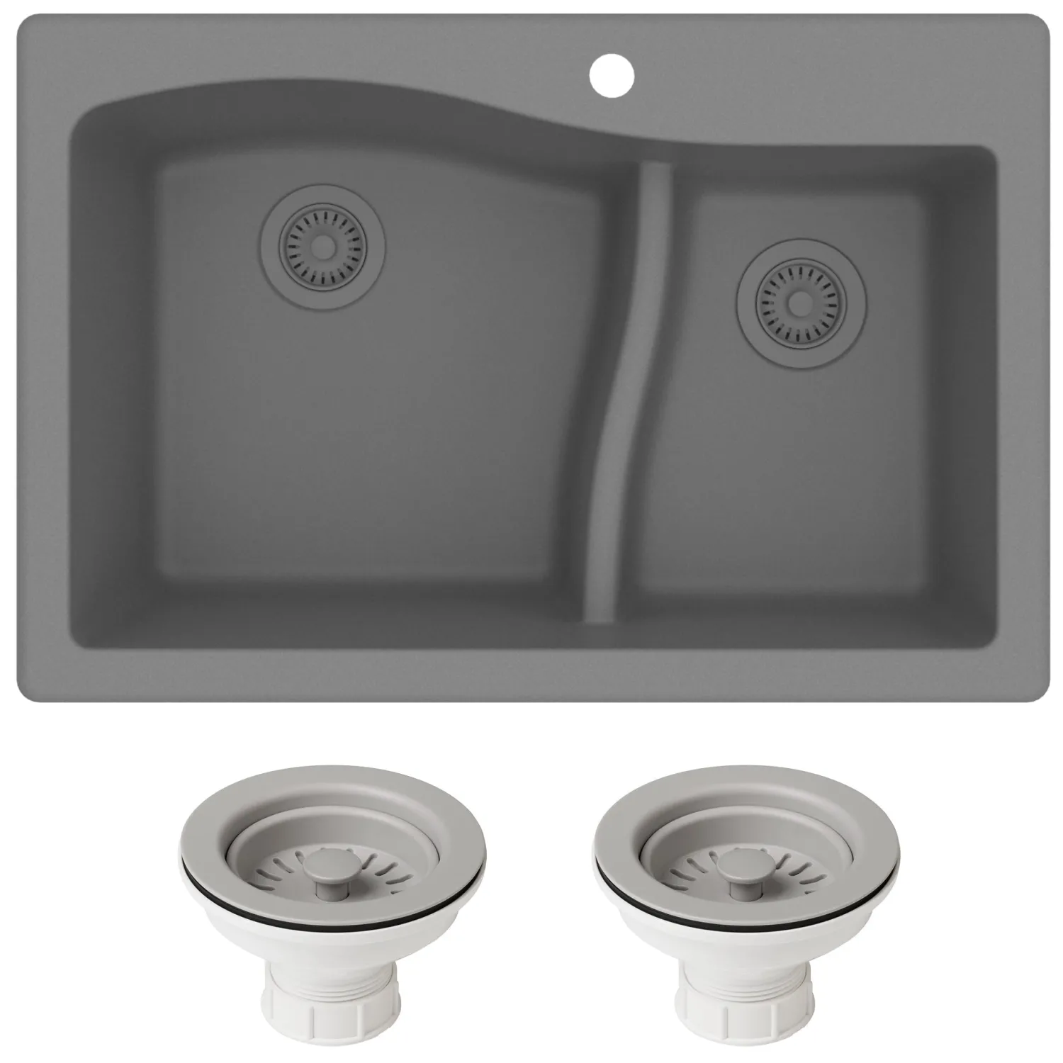 Best Quarza 33" Grey Dual Mount 60/40 Double Bowl Granite Kitchen Sink Drop-In / Top Mount Sinks|Double Bowl Sinks