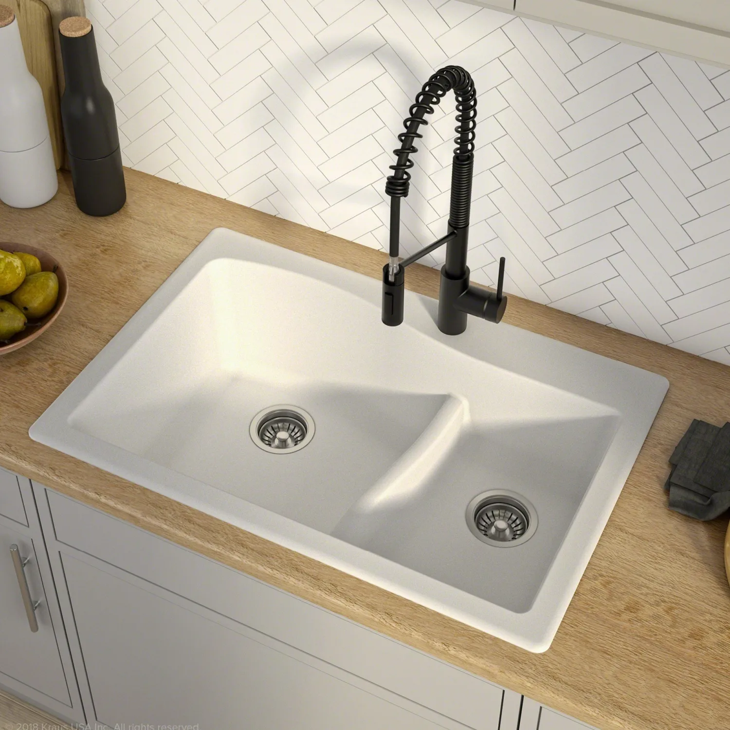 Sale Quarza 33" White Dual Mount 60/40 Double Bowl Granite Kitchen Sink Drop-In / Top Mount Sinks|Double Bowl Sinks