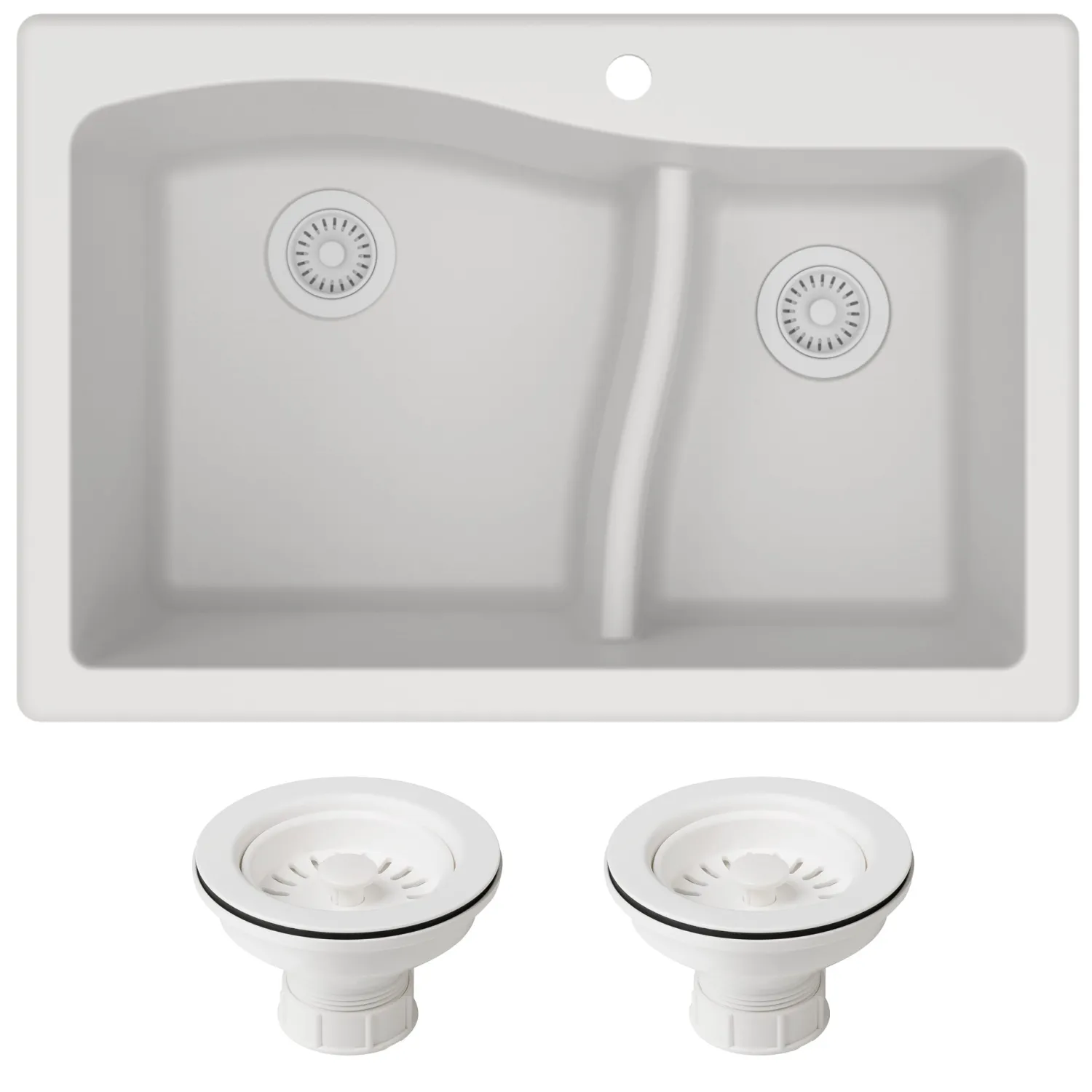 Sale Quarza 33" White Dual Mount 60/40 Double Bowl Granite Kitchen Sink Drop-In / Top Mount Sinks|Double Bowl Sinks
