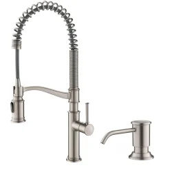 Online Sellette Commercial Style Pull-Down Kitchen Faucet with Deck Plate and Soap Dispenser in Spot Free Stainless Steel Single Hole