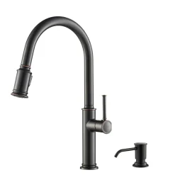 New Sellette Single Handle Pull Down Kitchen Faucet with Deck Plate and Soap Dispenser in Oil Rubbed Bronze Single Hole