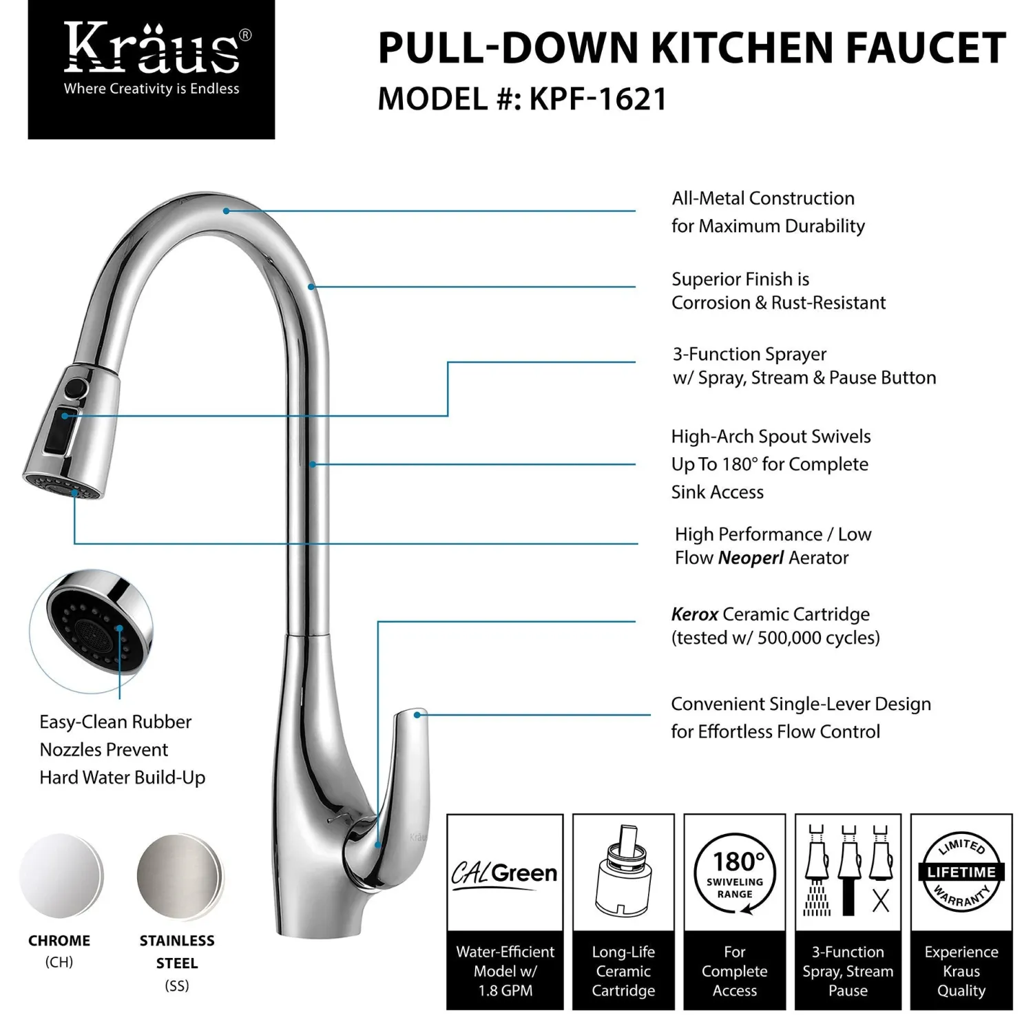Discount Single-Handle High Arch Kitchen Faucet with Pull Down Dual-Function Sprayer in Chrome Single Hole