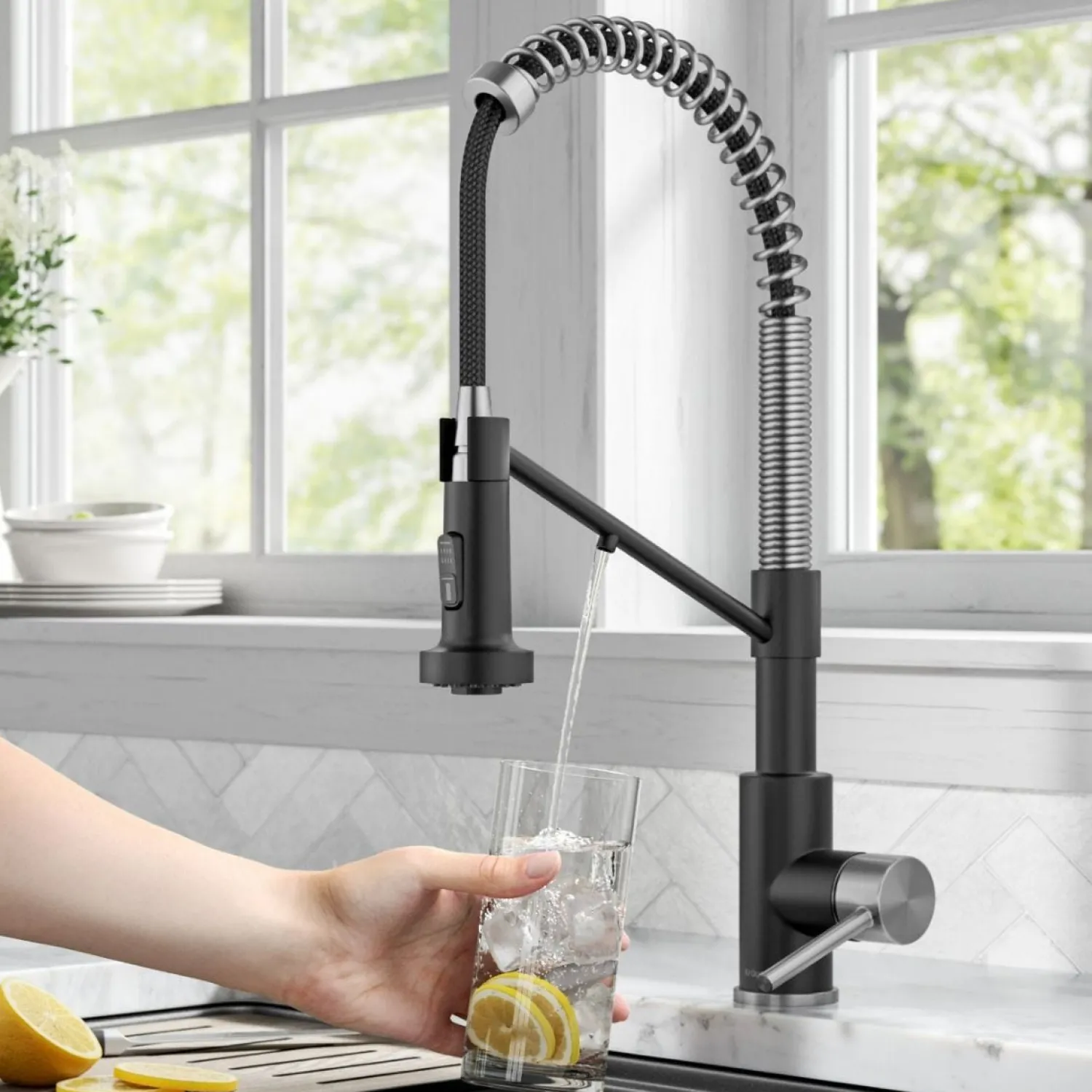 Hot Single Handle Kitchen Faucet with Integrated Dispenser for Water Filtration in Spot-Free Stainless Steel & Matte Black Single Hole|Water Filter Faucets