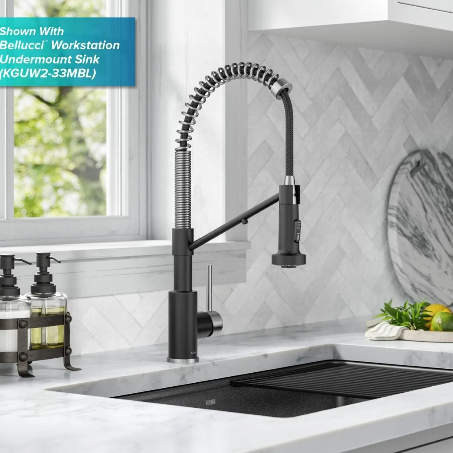 Hot Single Handle Kitchen Faucet with Integrated Dispenser for Water Filtration in Spot-Free Stainless Steel & Matte Black Single Hole|Water Filter Faucets