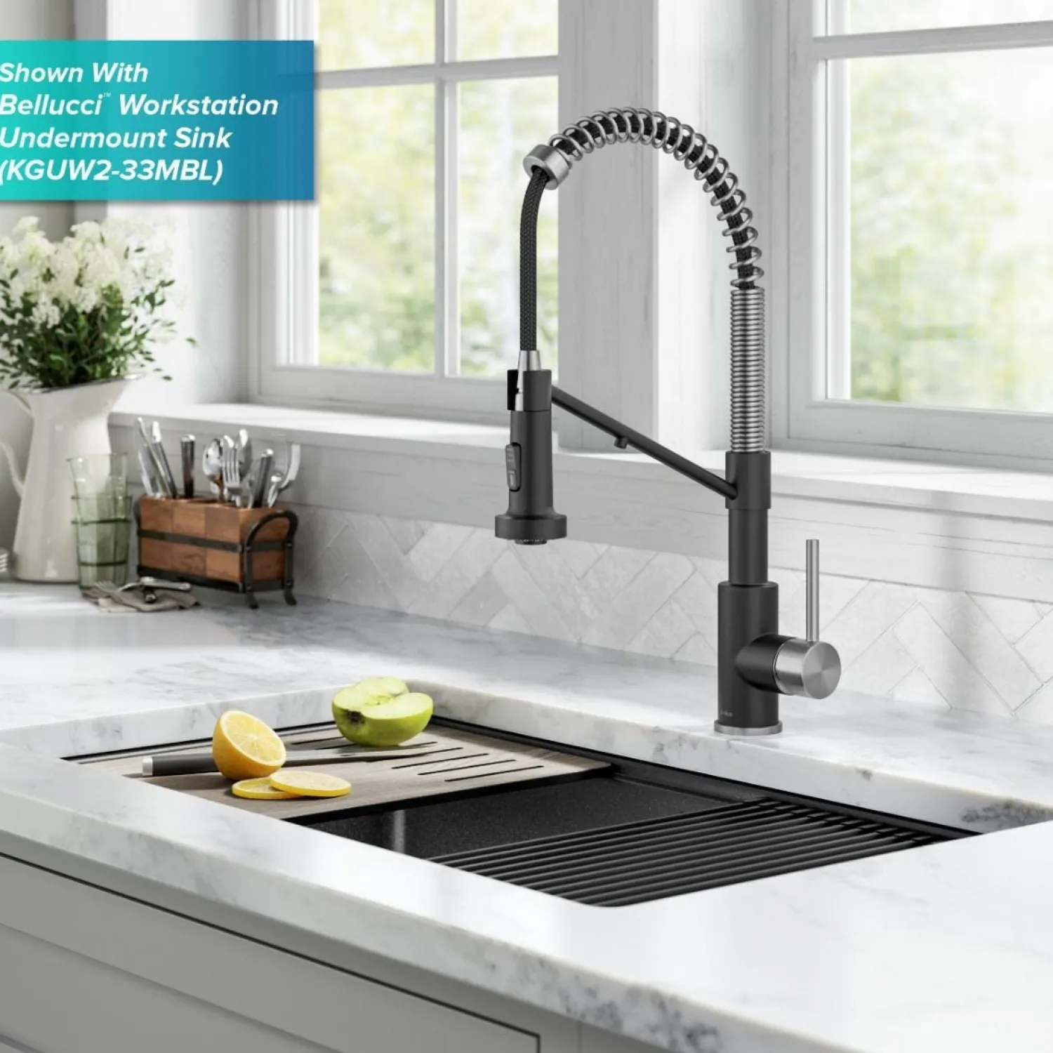Hot Single Handle Kitchen Faucet with Integrated Dispenser for Water Filtration in Spot-Free Stainless Steel & Matte Black Single Hole|Water Filter Faucets