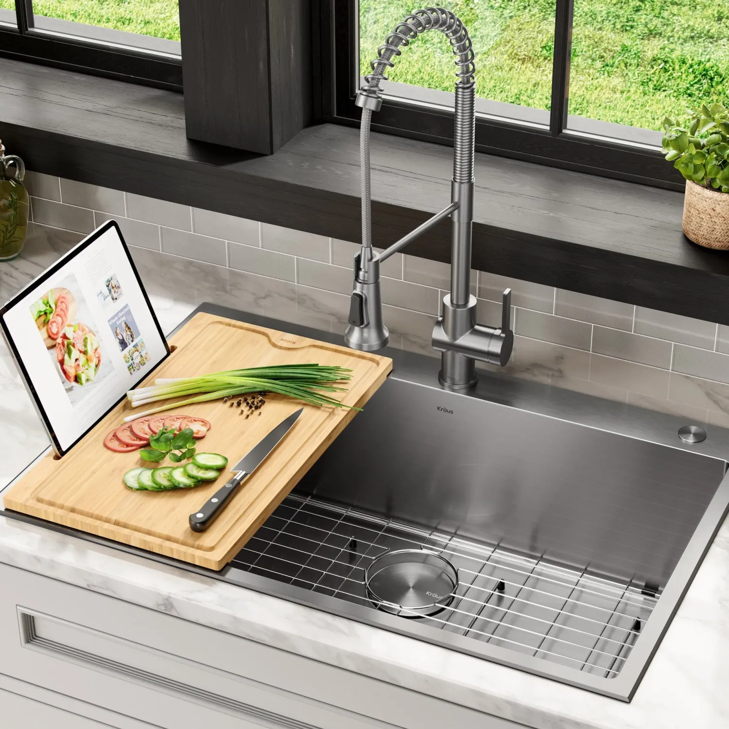 Clearance Solid Bamboo Cutting Board with Mobile Device Holder for most Standard Kitchen Sinks Cutting Boards