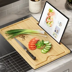 Clearance Solid Bamboo Cutting Board with Mobile Device Holder for most Standard Kitchen Sinks Cutting Boards