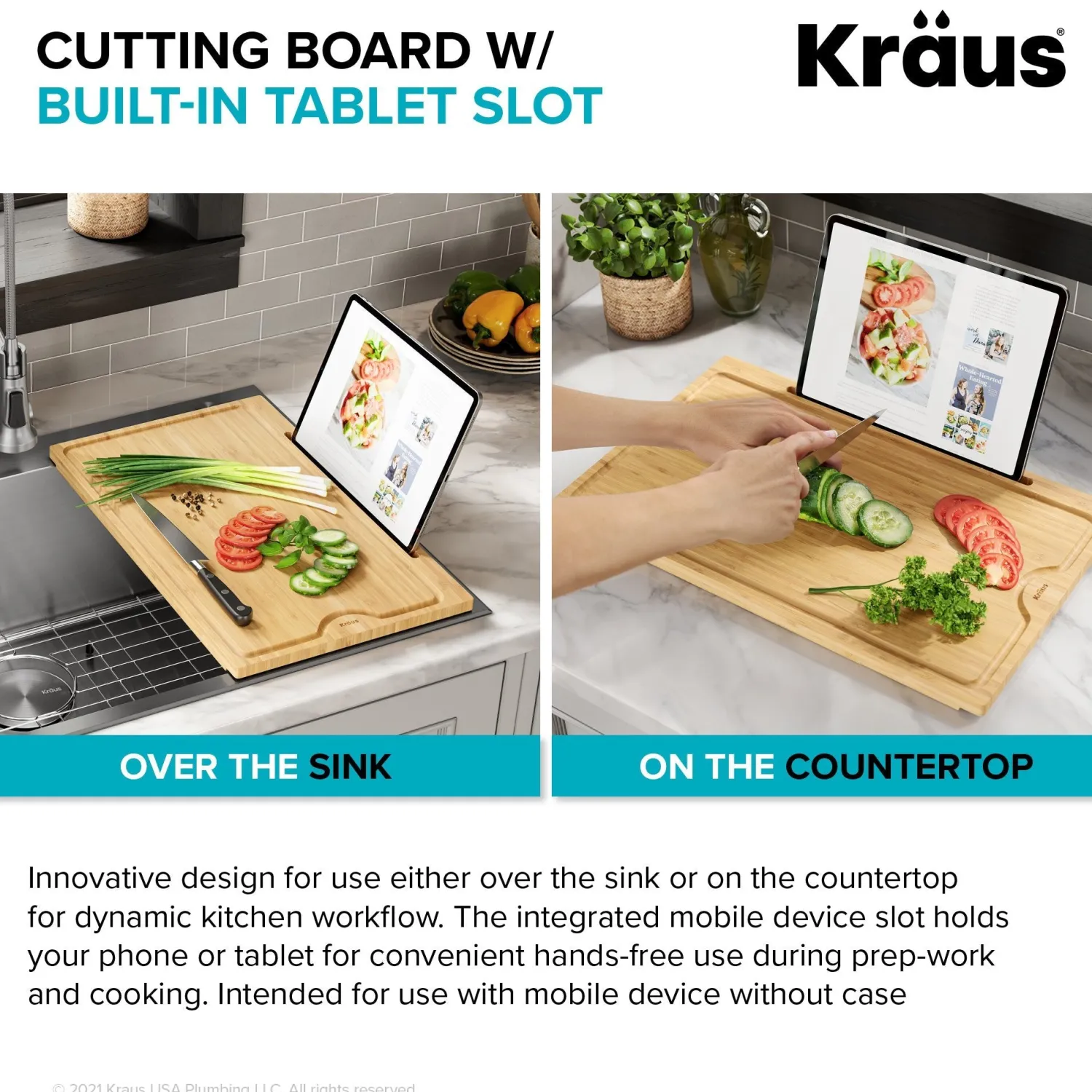 Clearance Solid Bamboo Cutting Board with Mobile Device Holder for most Standard Kitchen Sinks Cutting Boards