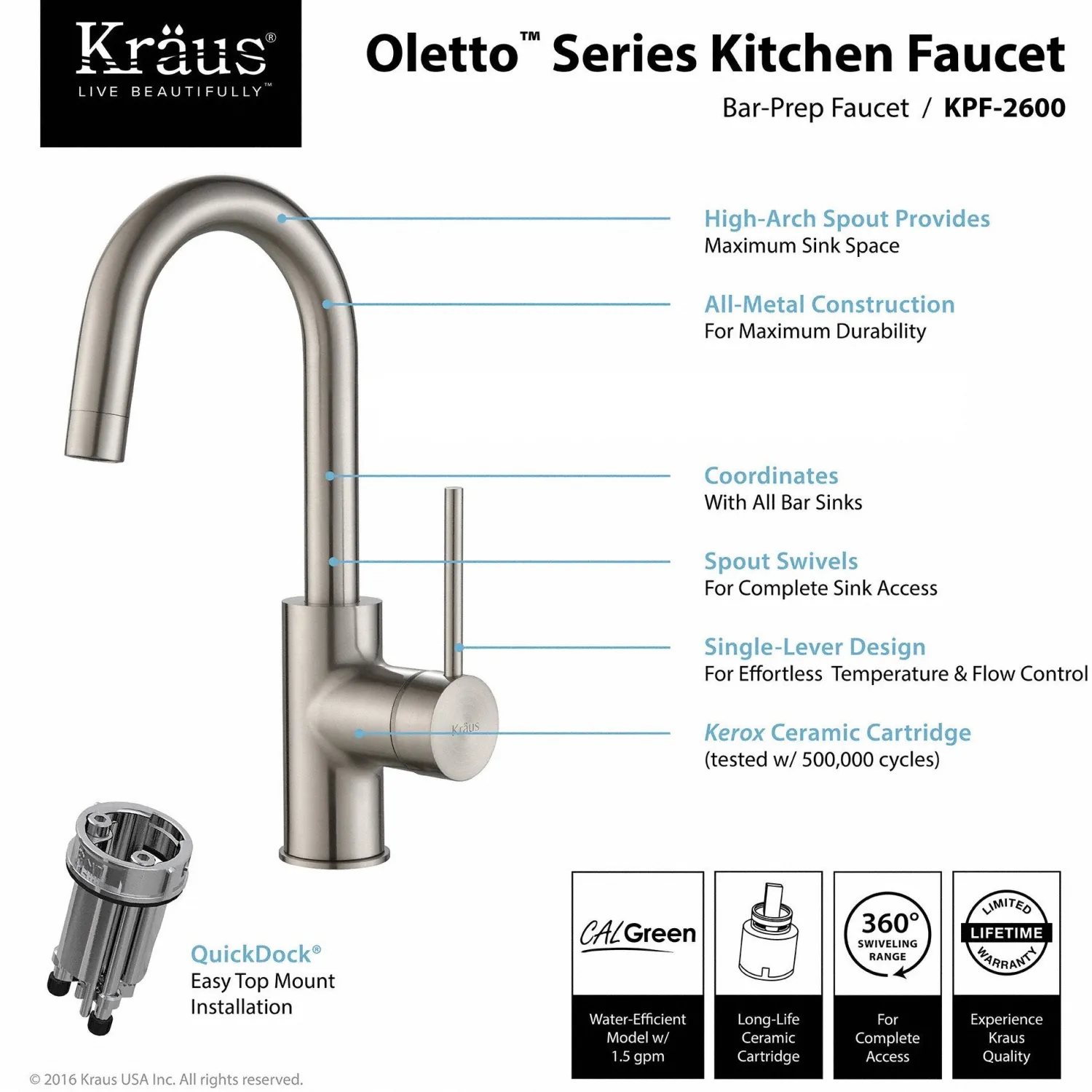 Spot Free Oletto Single Handle Kitchen Bar Faucet in all-Brite Stainless Steel Finish Bar Faucets