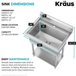 Outlet Standart Pro 32” 18-Gauge Stainless Steel Single Bowl Commercial Style Laundry Utility Sink Kraus Free Standing Utility Sinks|Laundry & Utility Sinks