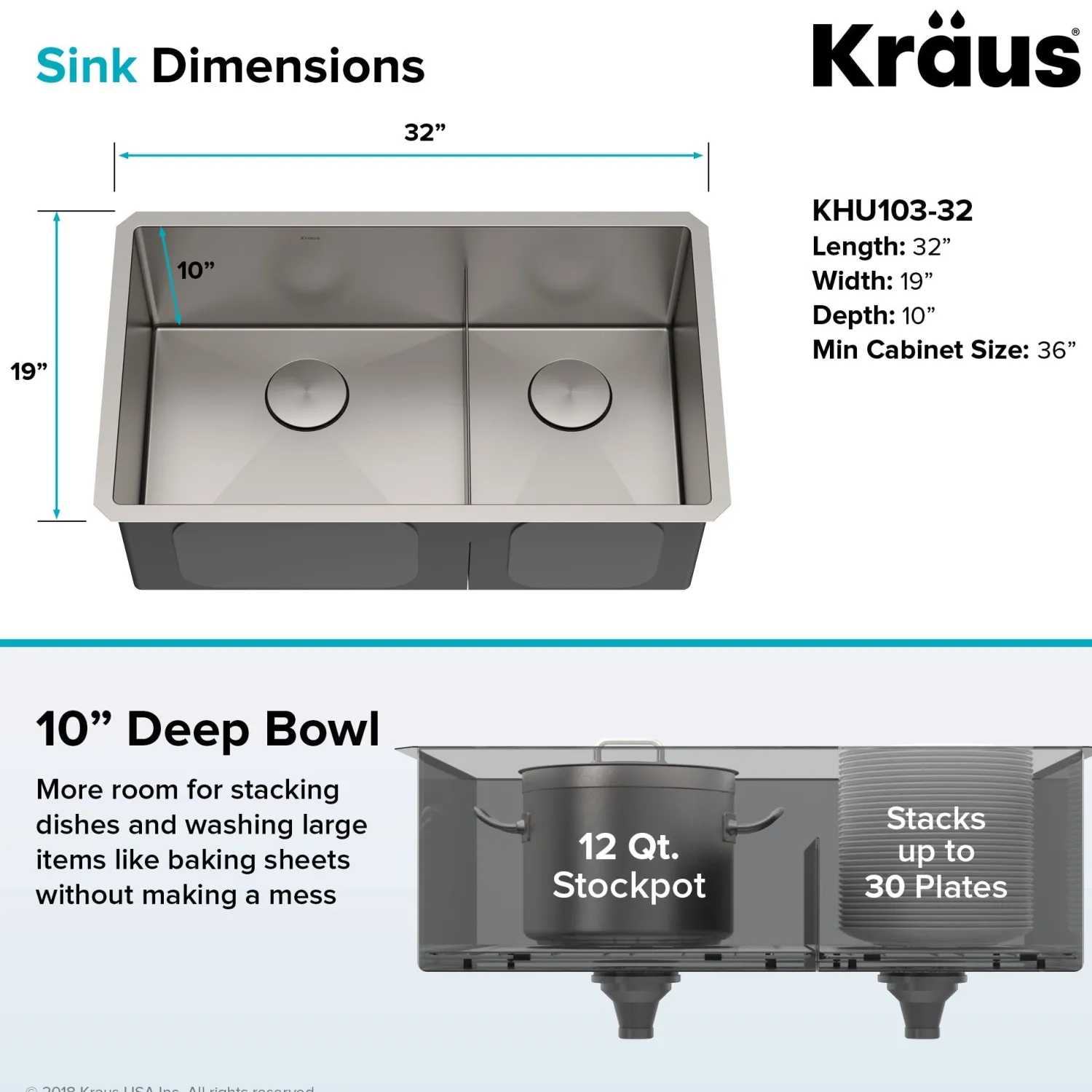New Standart PRO 32" 16 Gauge Undermount 60/40 Low Divider Double Bowl Stainless Steel Kitchen Sink Stainless Steel Sinks|Double Bowl Sinks