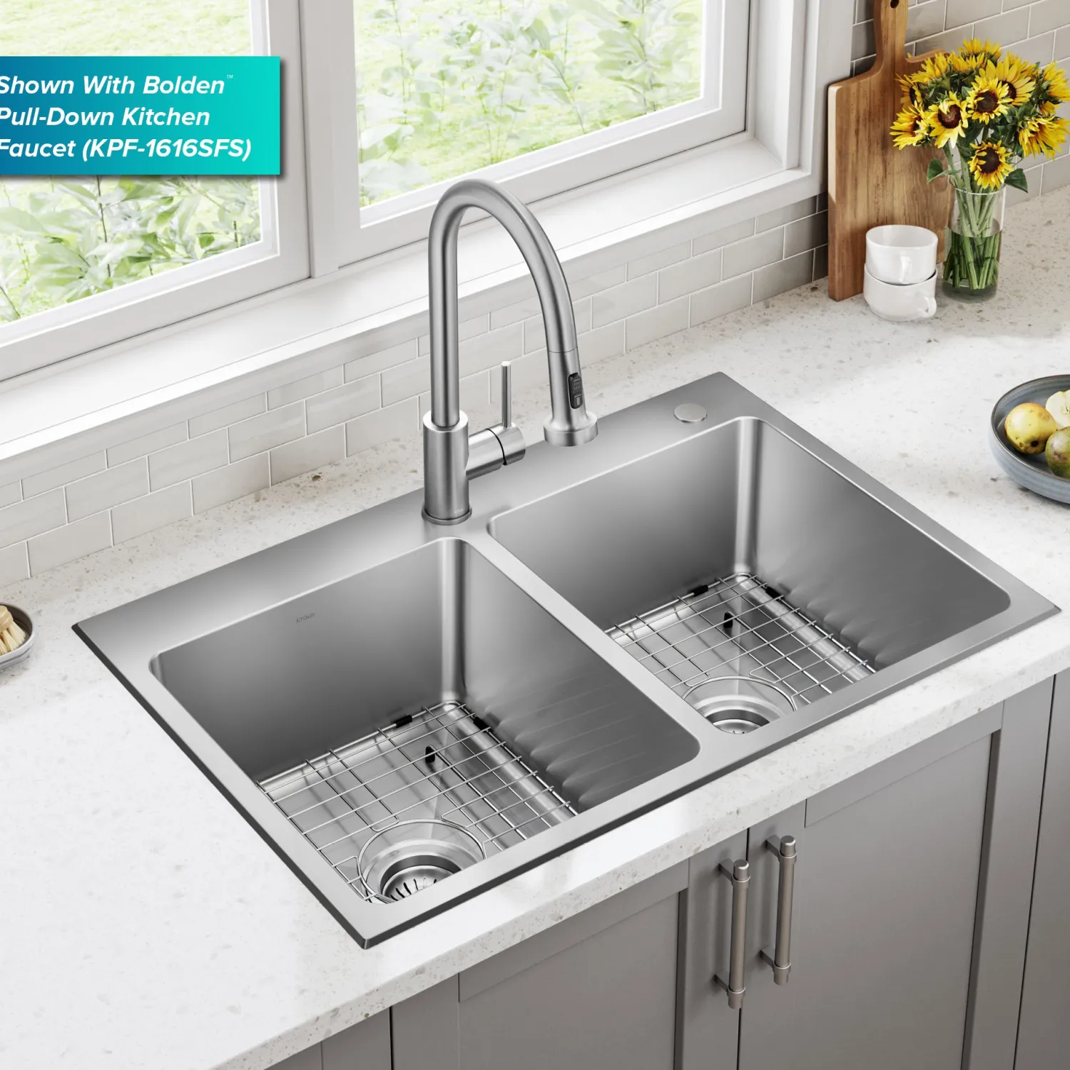 33” Topmount Double Bowl Stainless Steel Kitchen Sink Drop-In / Top Mount Sinks|Double Bowl Sinks