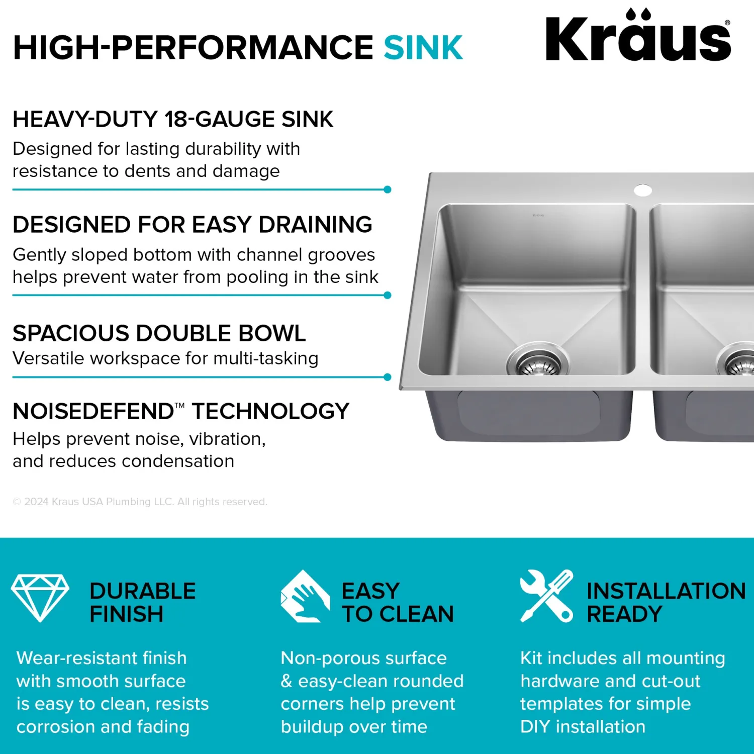 33” Topmount Double Bowl Stainless Steel Kitchen Sink Drop-In / Top Mount Sinks|Double Bowl Sinks