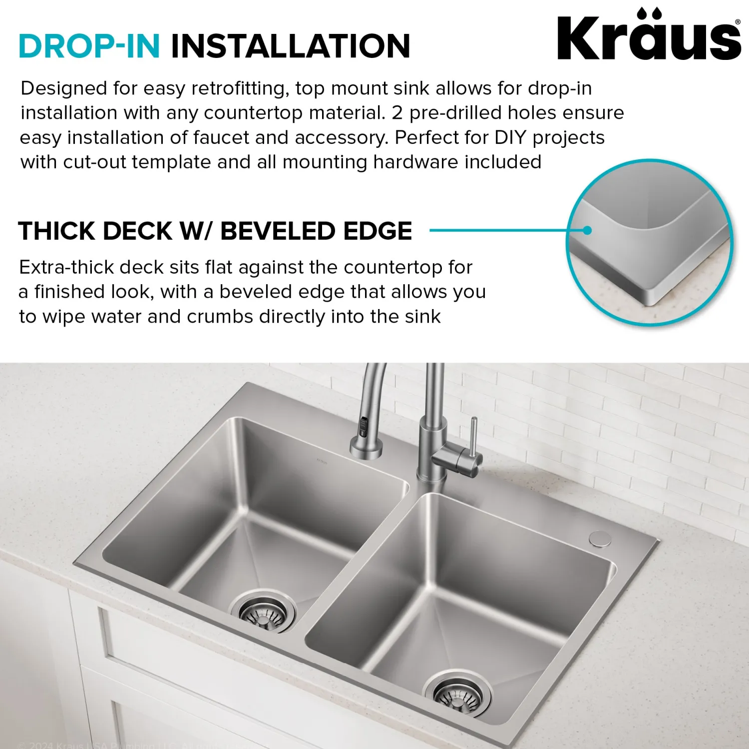33” Topmount Double Bowl Stainless Steel Kitchen Sink Drop-In / Top Mount Sinks|Double Bowl Sinks